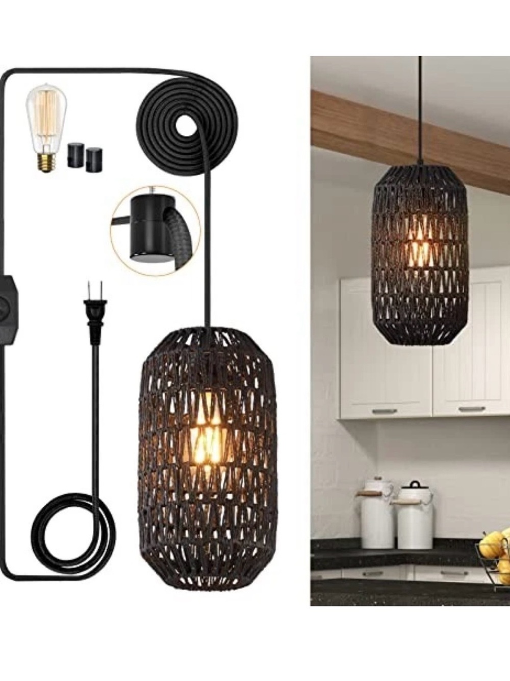 Plug in Pendant Light Rattan Boho Hanging Light with Plug in Cord 15ft Black-B